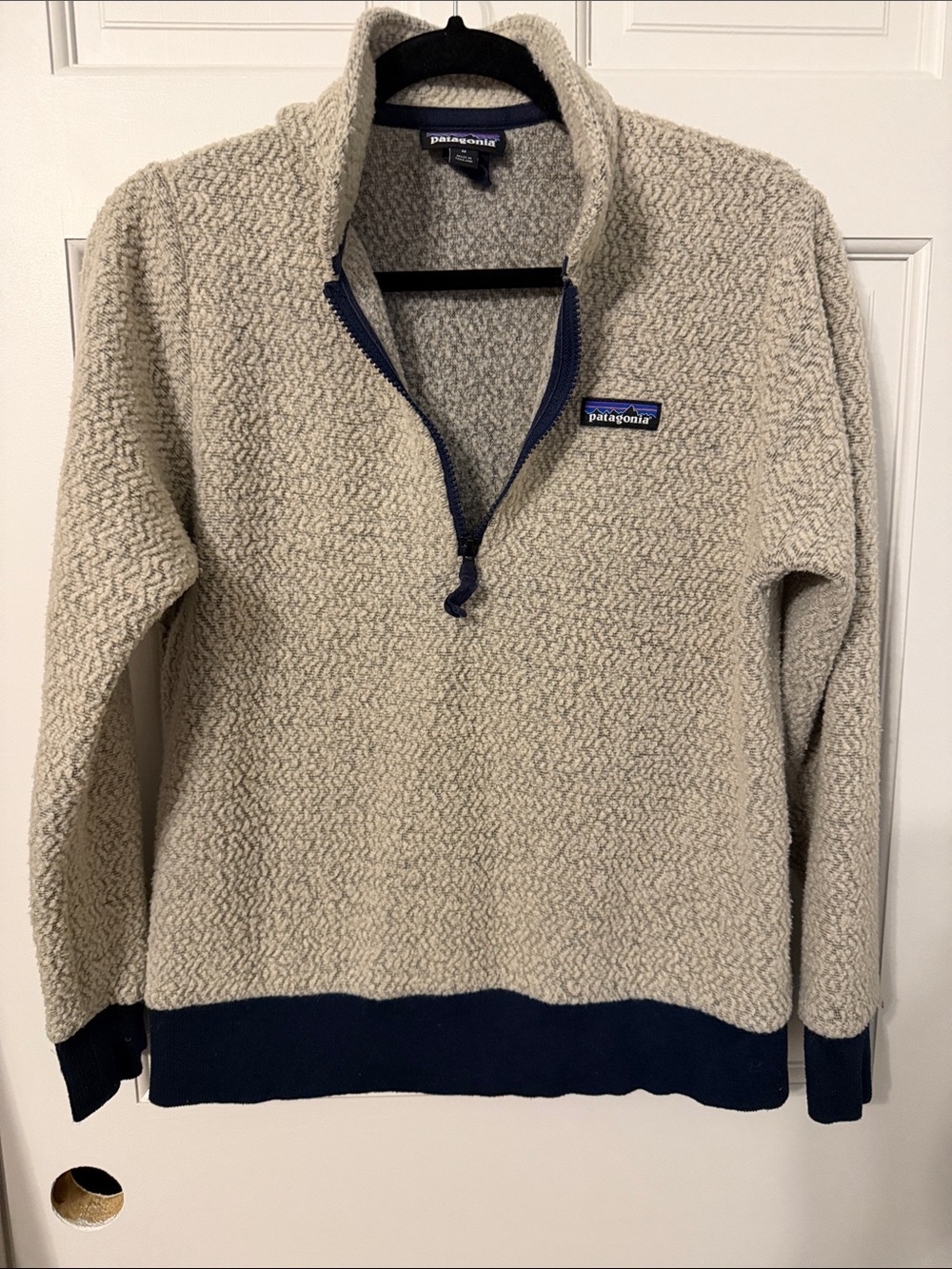 Patagonia Women’s Cream Sherpa Half-Zip with Navy Trim